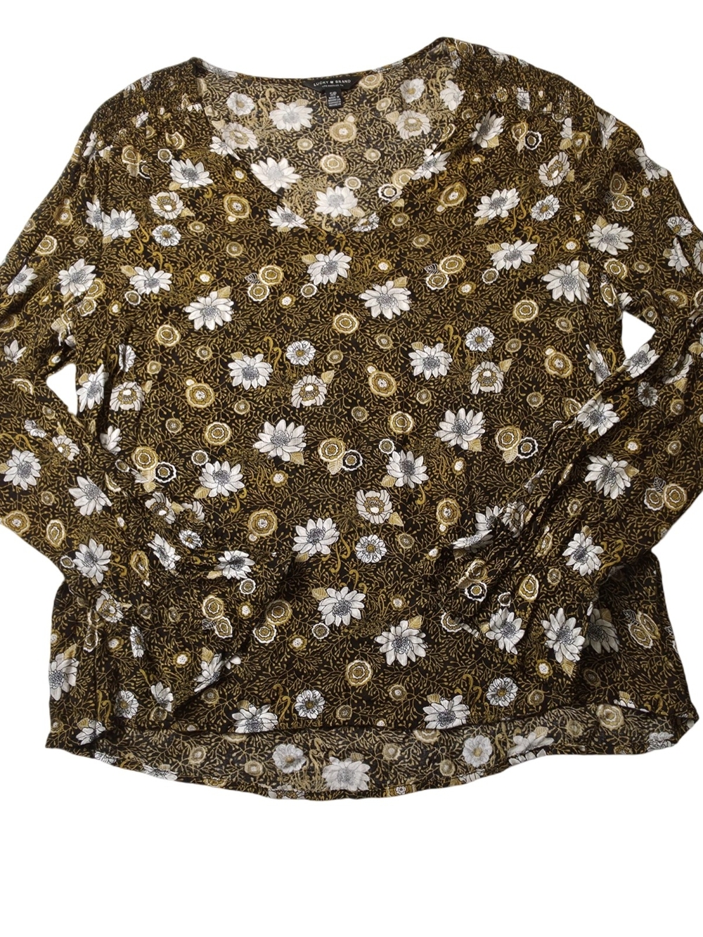 Lucky Brand Floral Boho Blouse Brown White Long Sleeve V Neck S/P